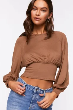Raglan-Sleeve Shirred Crop Top