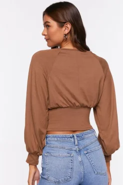 Raglan-Sleeve Shirred Crop Top