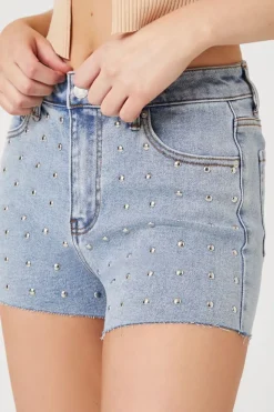 Raw-Cut Studded Denim Shorts