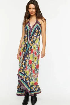Reworked Floral Striped Halter Midi Dress