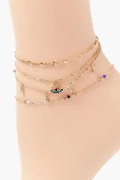 Rhinestone Evil Eye Charm Anklet Set