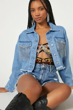 Rhinestone Fringe Denim Jacket