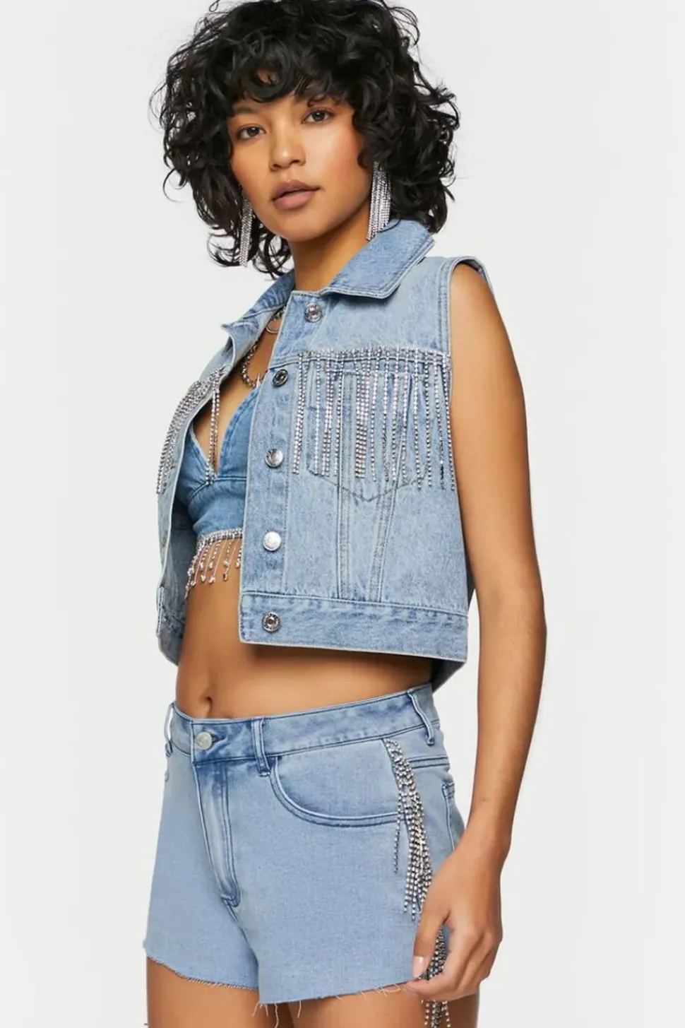 Rhinestone-Fringe Denim Shorts