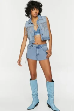 Rhinestone-Fringe Denim Shorts