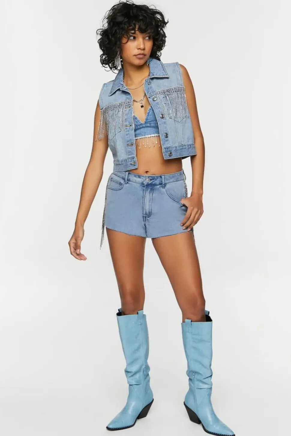 Rhinestone-Fringe Denim Shorts