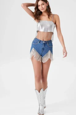 Rhinestone Fringe Denim Shorts