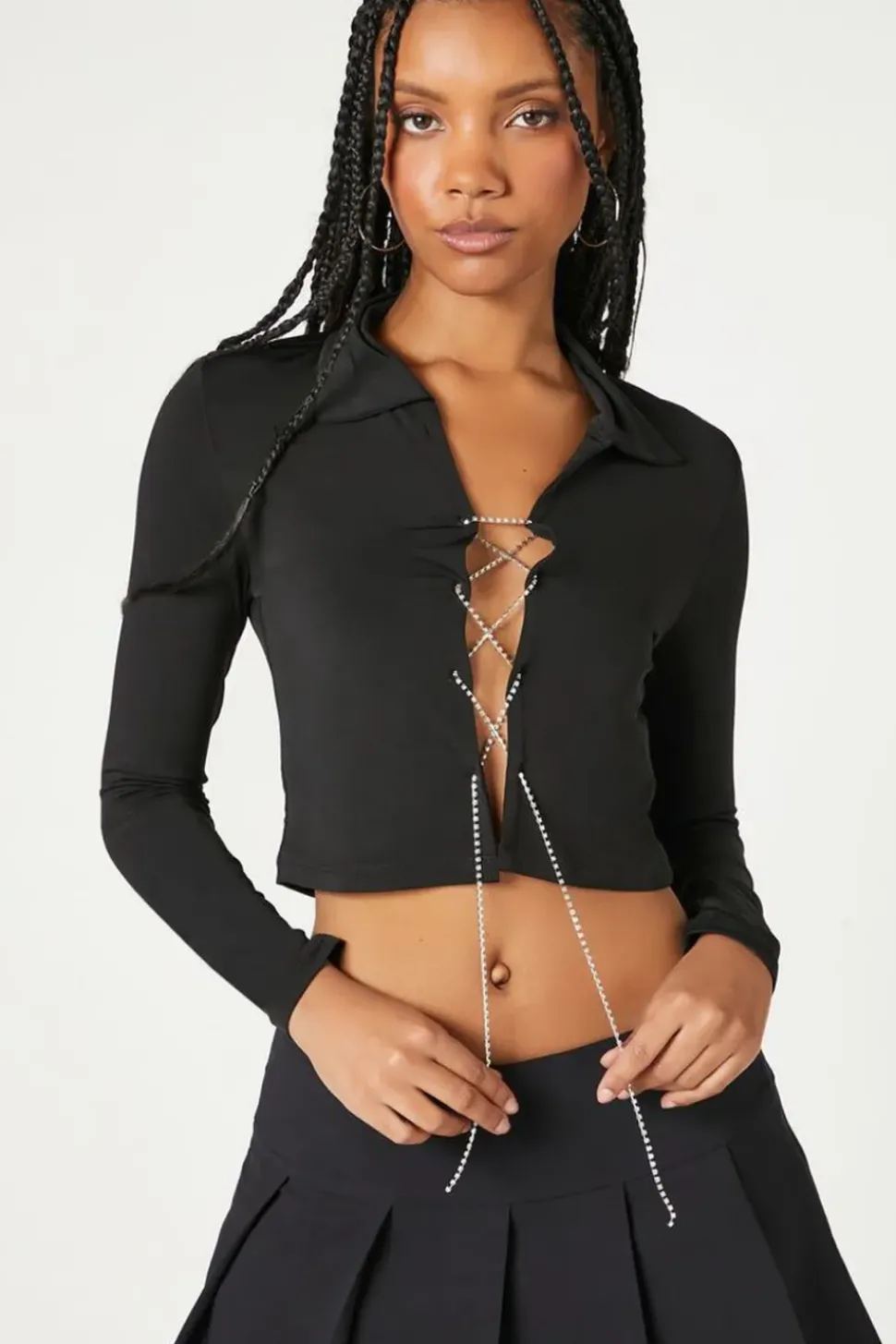 Rhinestone Lace-Up Crop Top