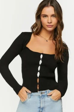 Ribbed Button-Loop Cardigan Sweater