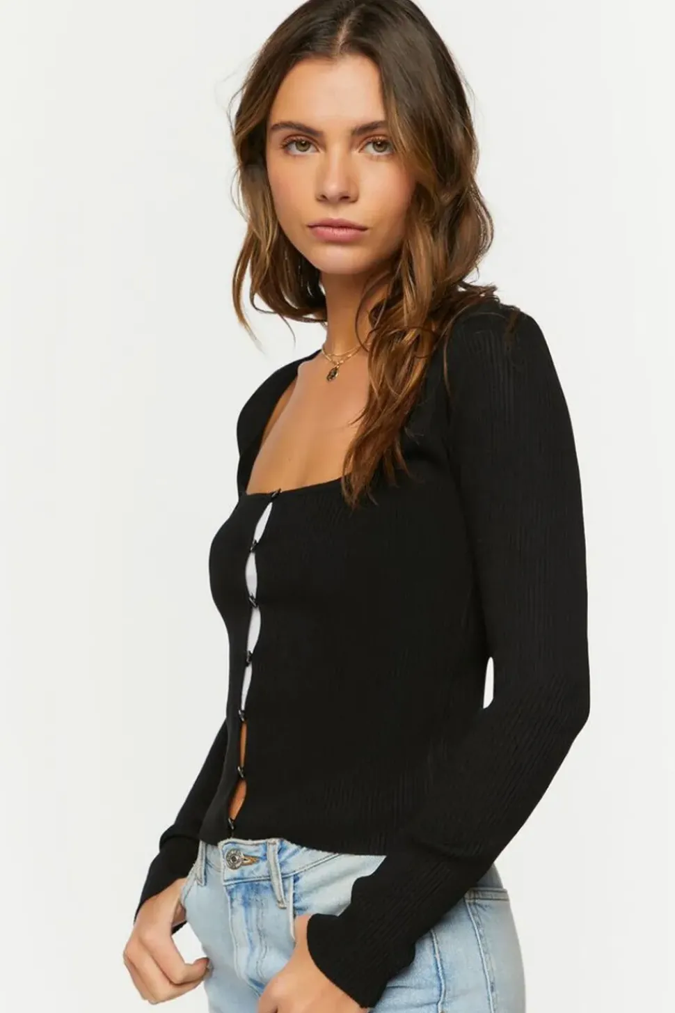 Ribbed Button-Loop Cardigan Sweater