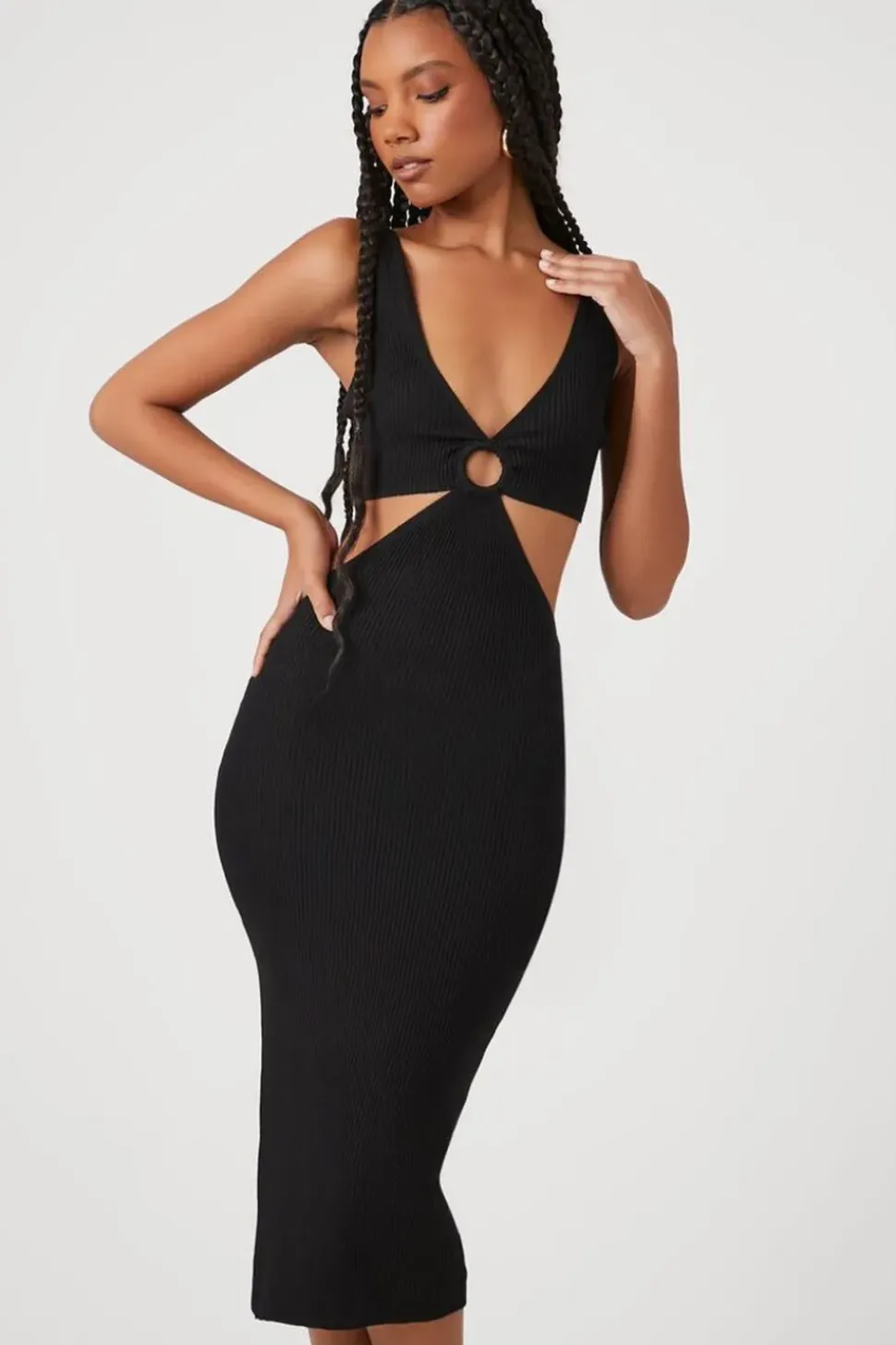 Ribbed Cutout O-Ring Midi Dress