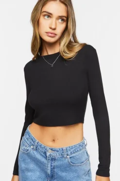 Ribbed Knit Long-Sleeve Crop Top
