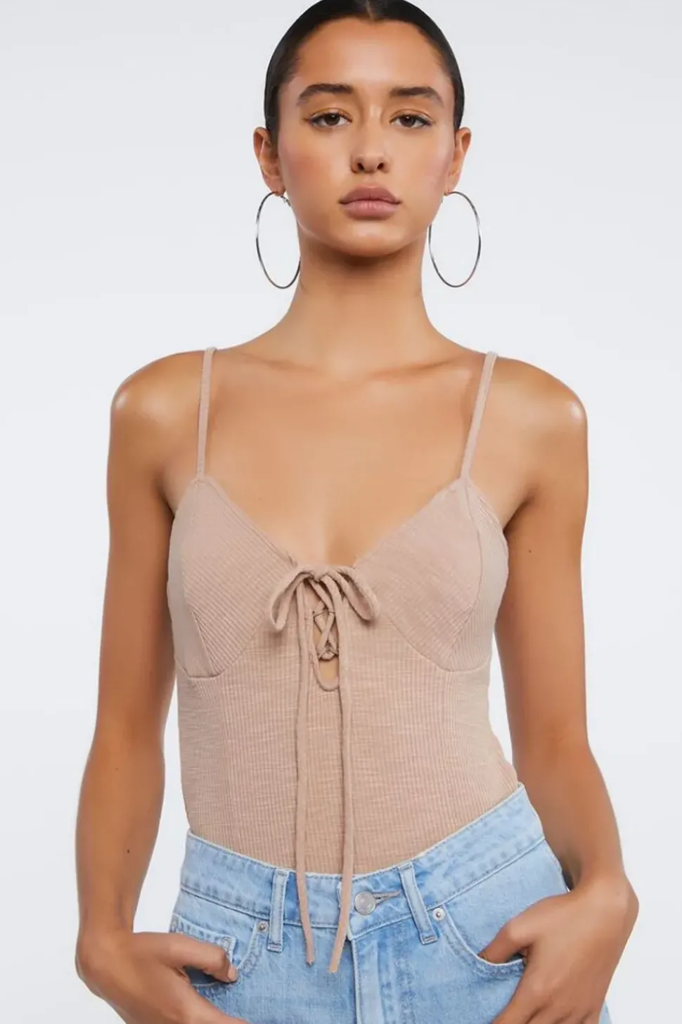 Ribbed Lace-Up Cami Bodysuit