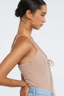 Ribbed Lace-Up Cami Bodysuit