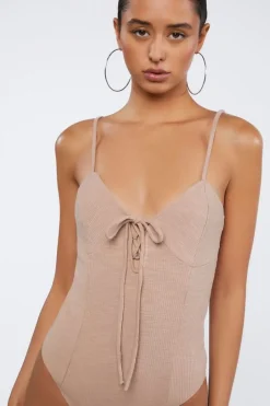 Ribbed Lace-Up Cami Bodysuit
