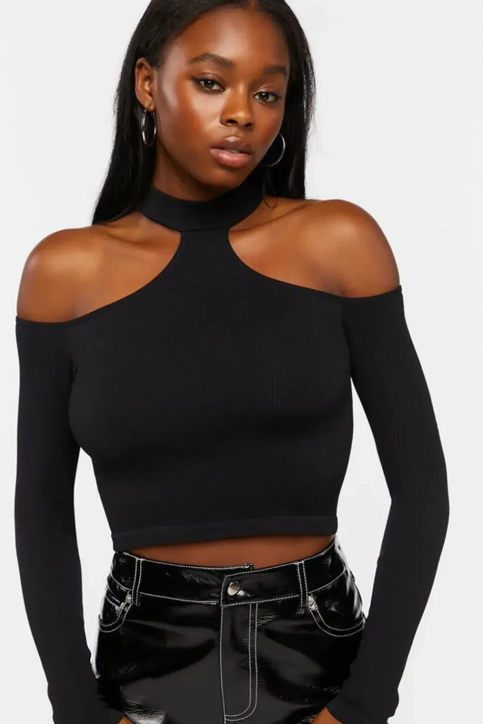 Ribbed Open-Shoulder Crop Top