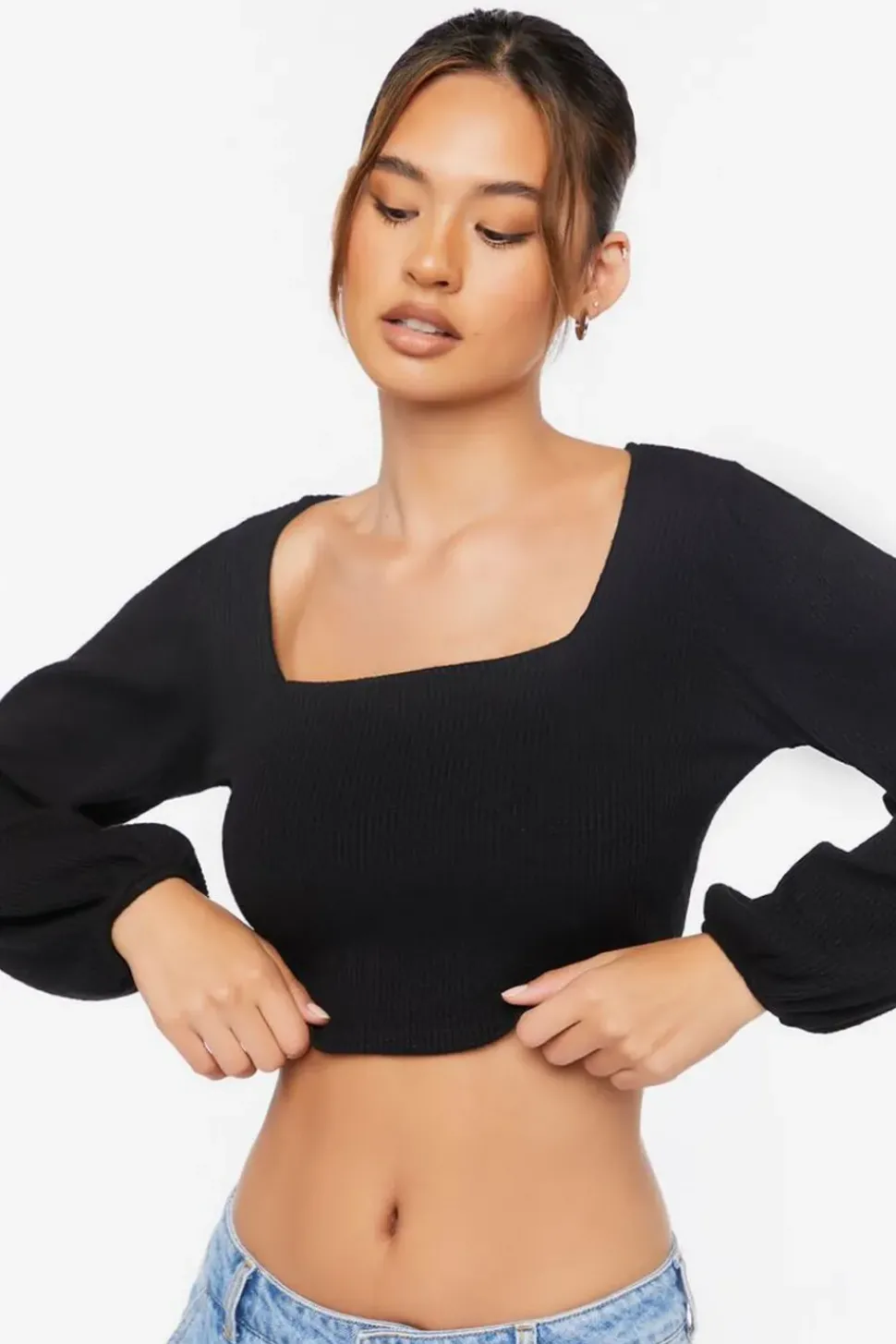 Ribbed Peasant-Sleeve Crop Top