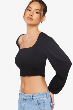 Ribbed Peasant-Sleeve Crop Top