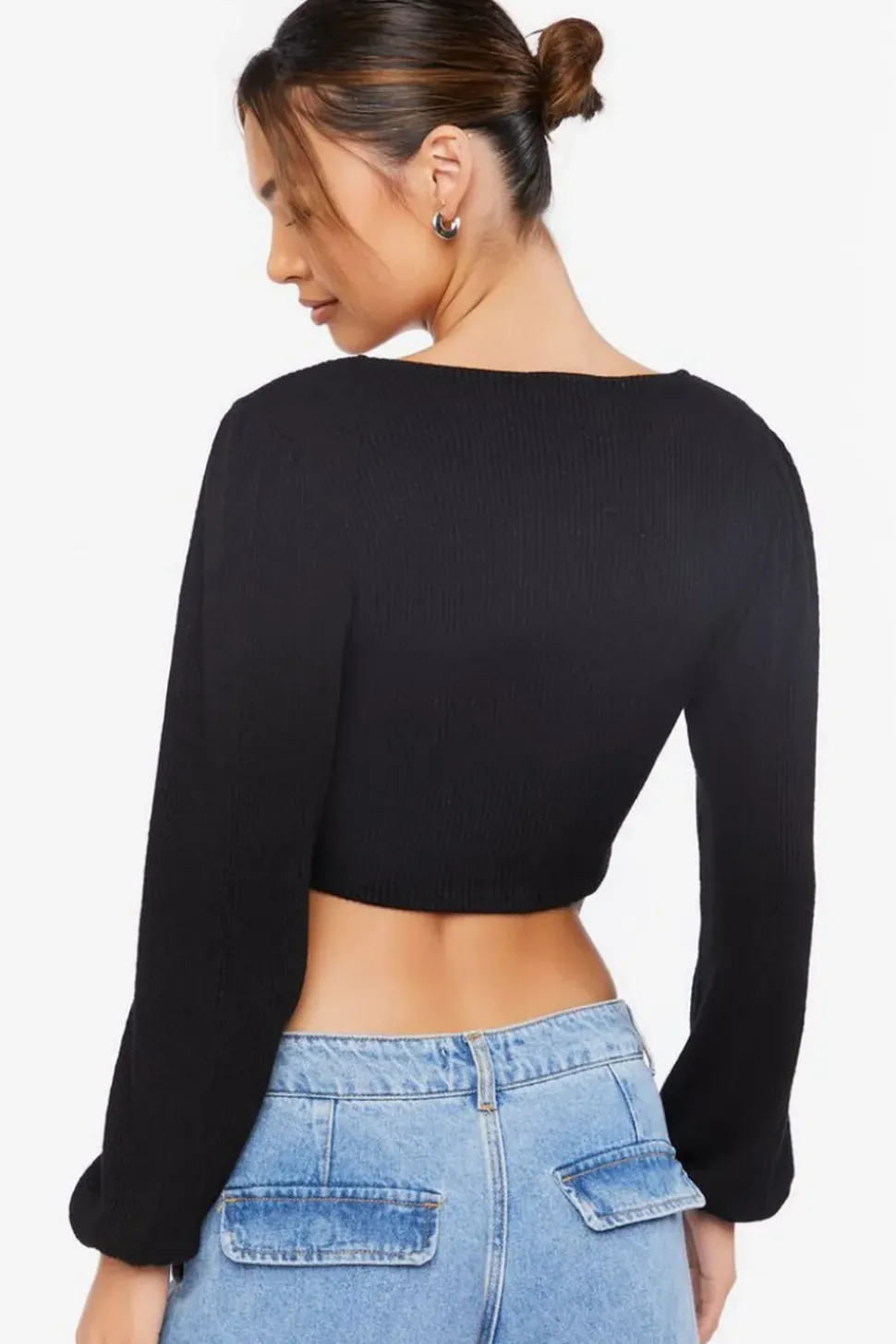 Ribbed Peasant-Sleeve Crop Top