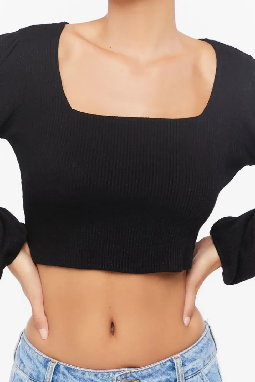 Ribbed Peasant-Sleeve Crop Top