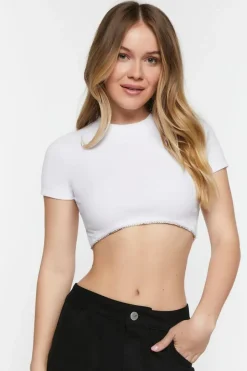 Ribbed Rhinestone-Trim Crop Top