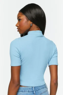 Ribbed Short-Sleeve Mock Neck Top