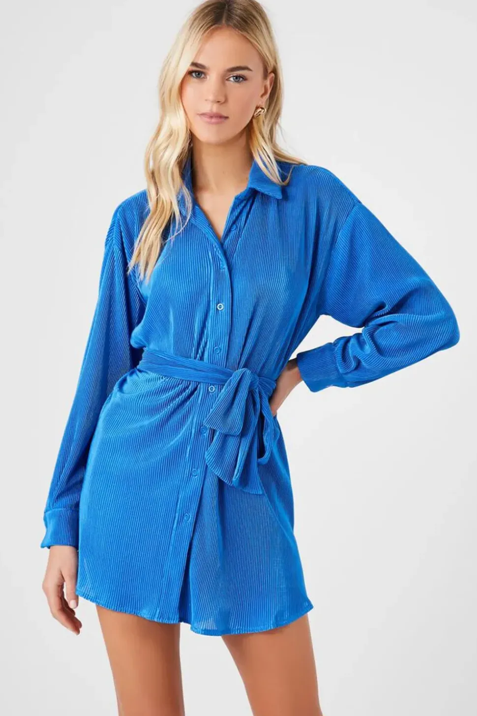 Ribbed Tie-Waist Shirt Dress