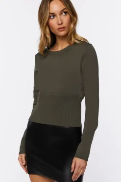Ribbed-Waist Crew Sweater