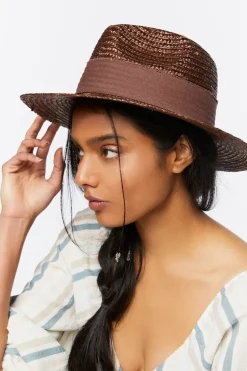 Ribbon-Trim Straw Fedora