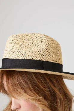 Ribbon-Trim Straw Fedora