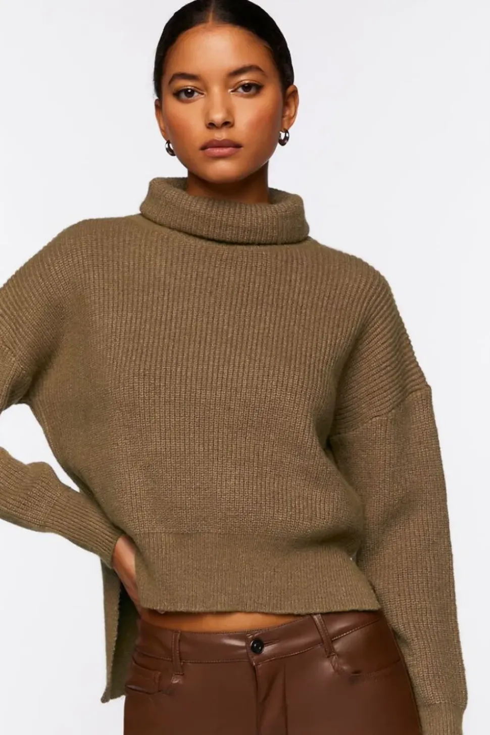 Rolled Turtleneck Drop-Sleeve Sweater