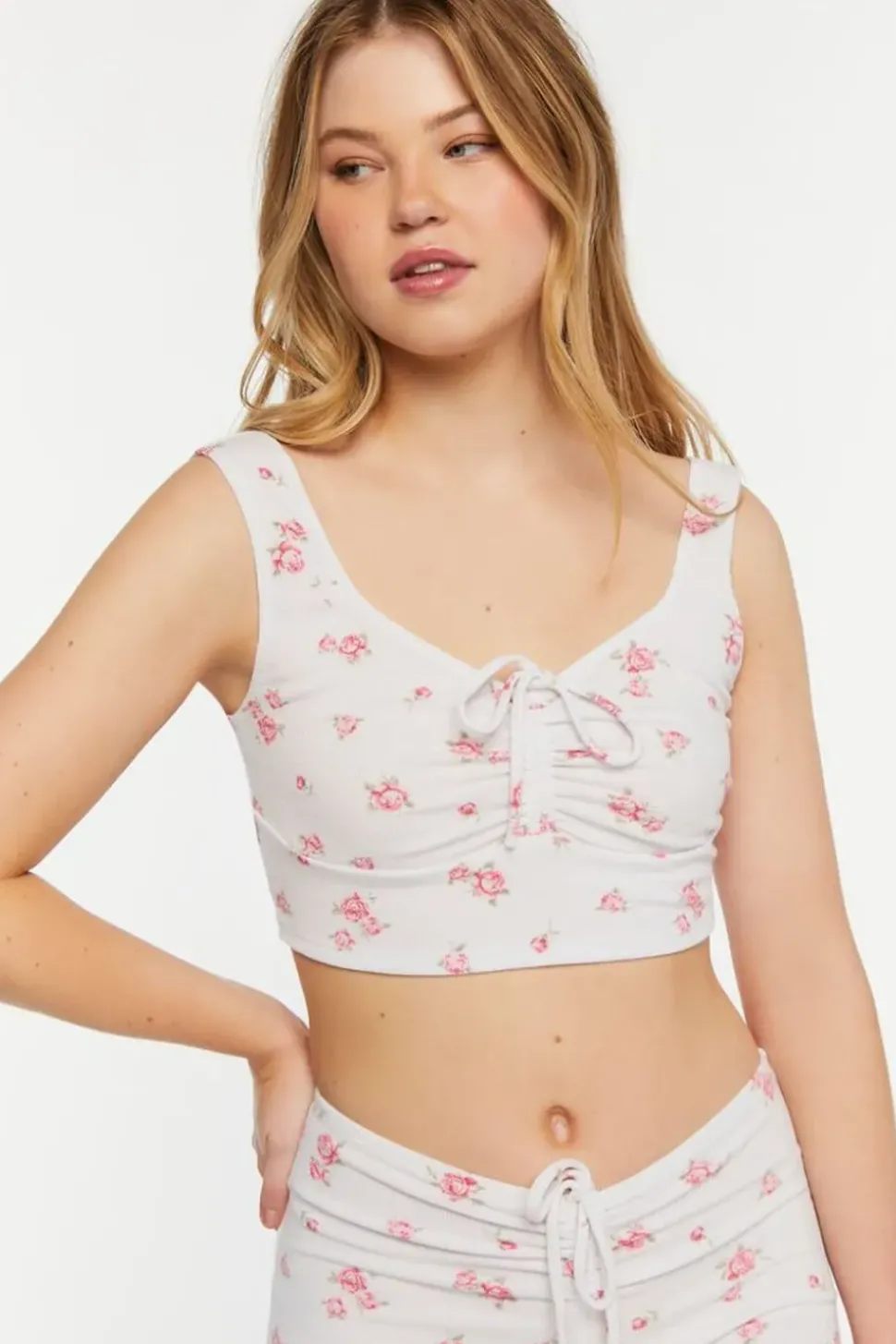 Rose Print Ruched Lounge Crop Top