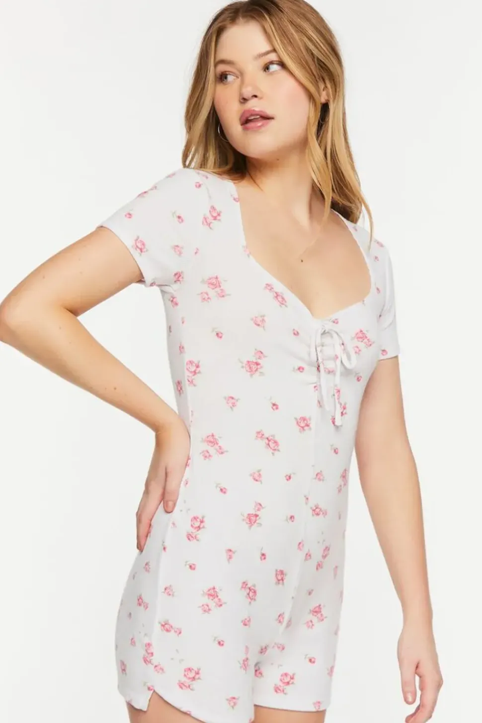 Rose Print Ruched Lounge Romper