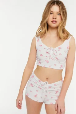 Rose Print Ruched Lounge Shorts