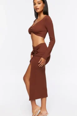Ruched Crop Top & Leg-Slit Midi Skirt Set