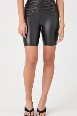 Ruched Faux Leather Biker Shorts