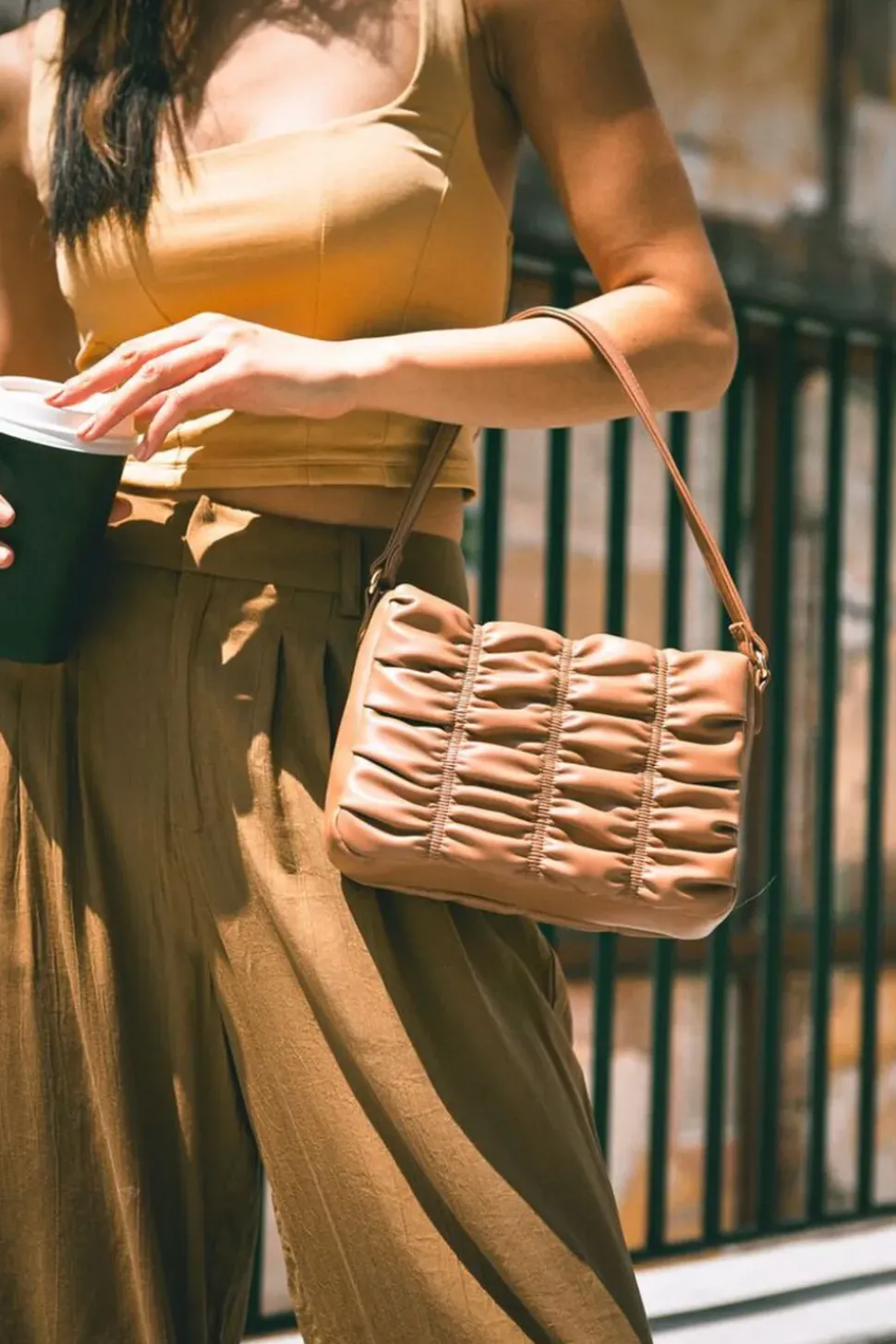 Ruched Faux Leather Crossbody Bag