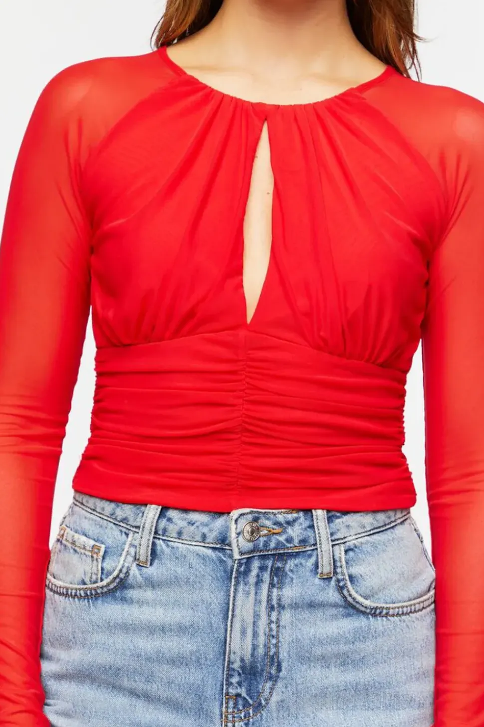 Ruched Mesh Cutout Crop Top