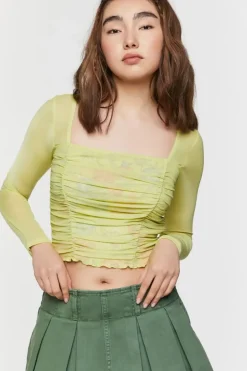 Ruched Mesh Floral Crop Top