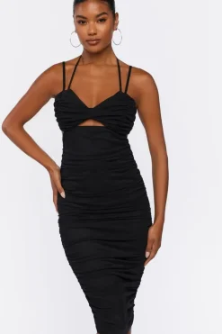 Ruched Mesh Midi Dress