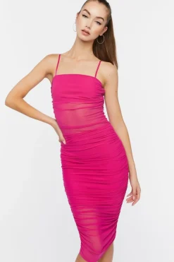 Ruched Mesh Midi Dress
