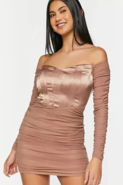 Ruched Mesh Off-The-Shoulder Mini Dress