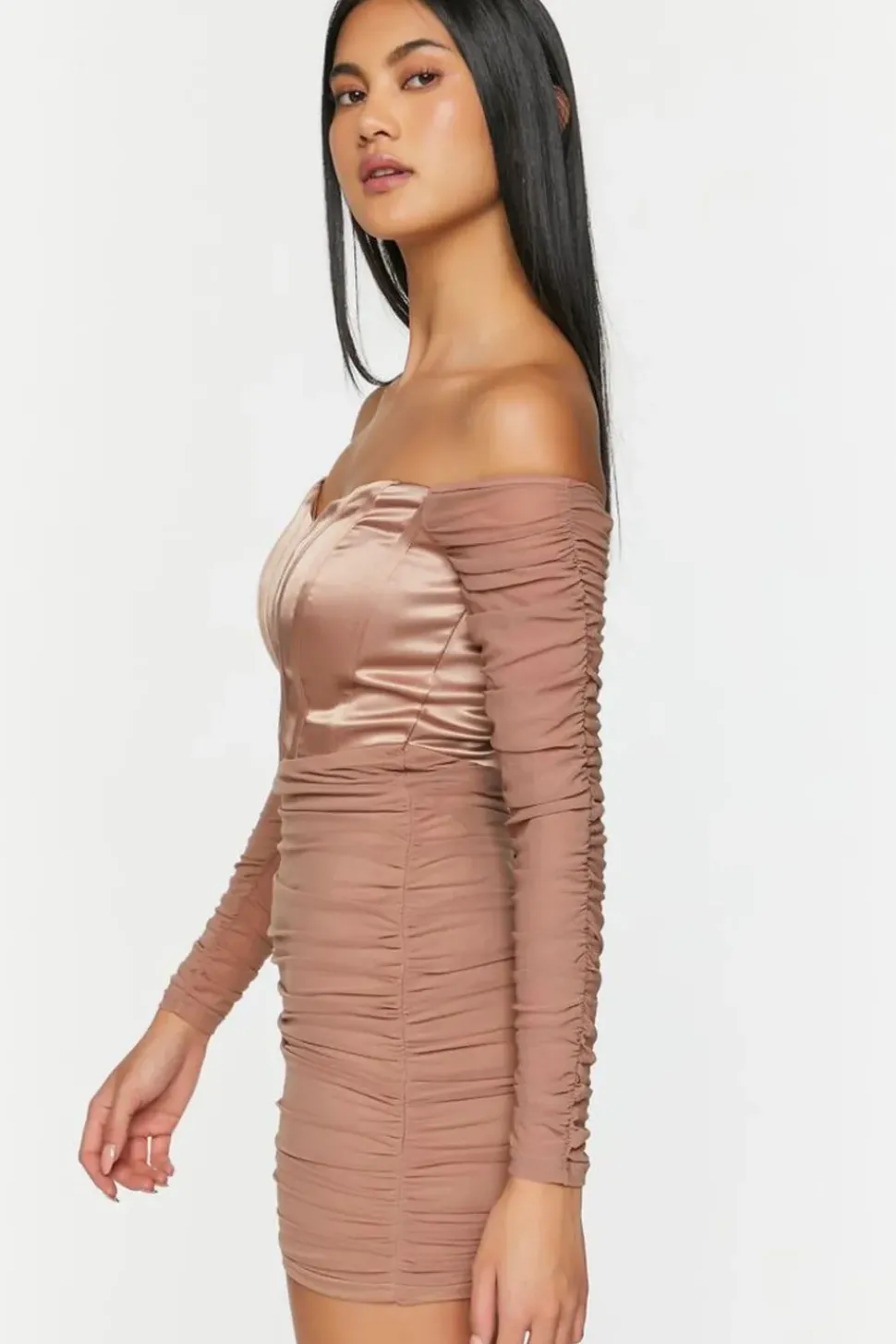 Ruched Mesh Off-The-Shoulder Mini Dress