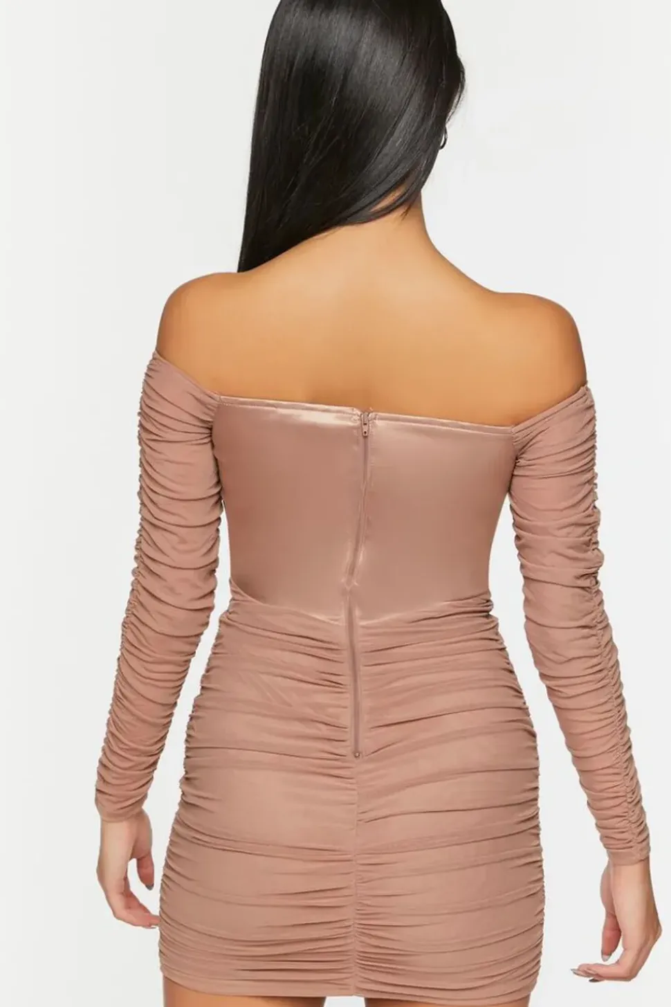Ruched Mesh Off-The-Shoulder Mini Dress