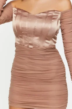 Ruched Mesh Off-The-Shoulder Mini Dress