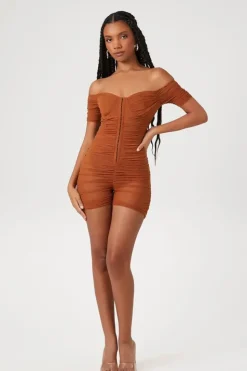 Ruched Mesh Sweetheart Romper