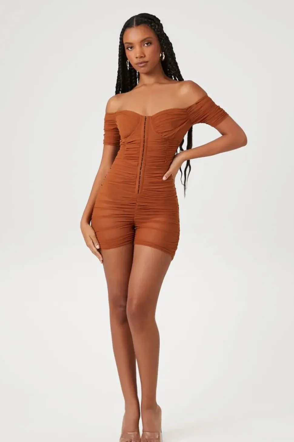 Ruched Mesh Sweetheart Romper