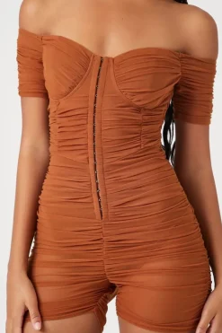 Ruched Mesh Sweetheart Romper