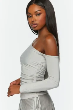 Ruched One-Shoulder Long-Sleeve Top