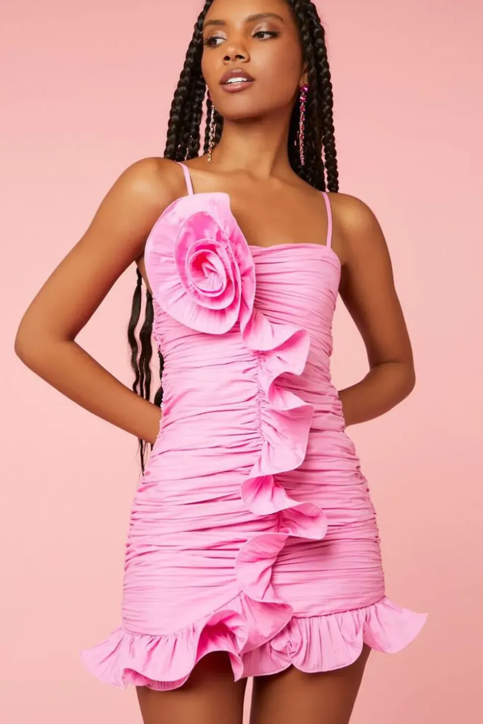 Ruched Rosette Ruffle Mini Dress