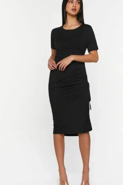 Ruched Short-Sleeve Midi Dress
